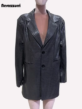 Nerazzurri Autumn Shiny Crocodile Print Pu Leather Jacket Blazer Women Shoulder Pads Single Breasted Loose Casual Korean Fashion