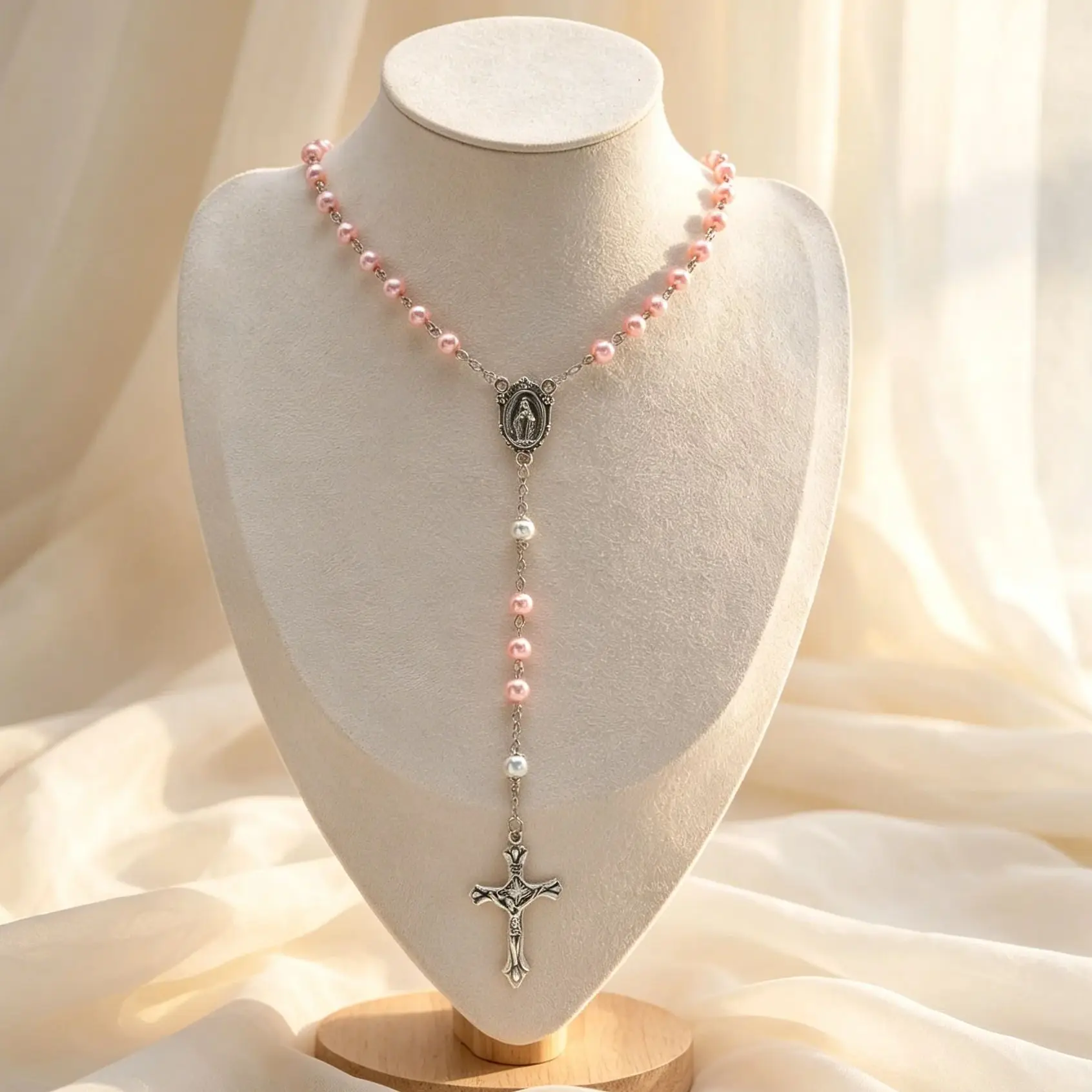 Retro Pink Beads Rosary Virgin Mary Necklace for Women Jesus Cross Tail Chain Y-shaped Necklace Fashion Pray Jewelry Gift