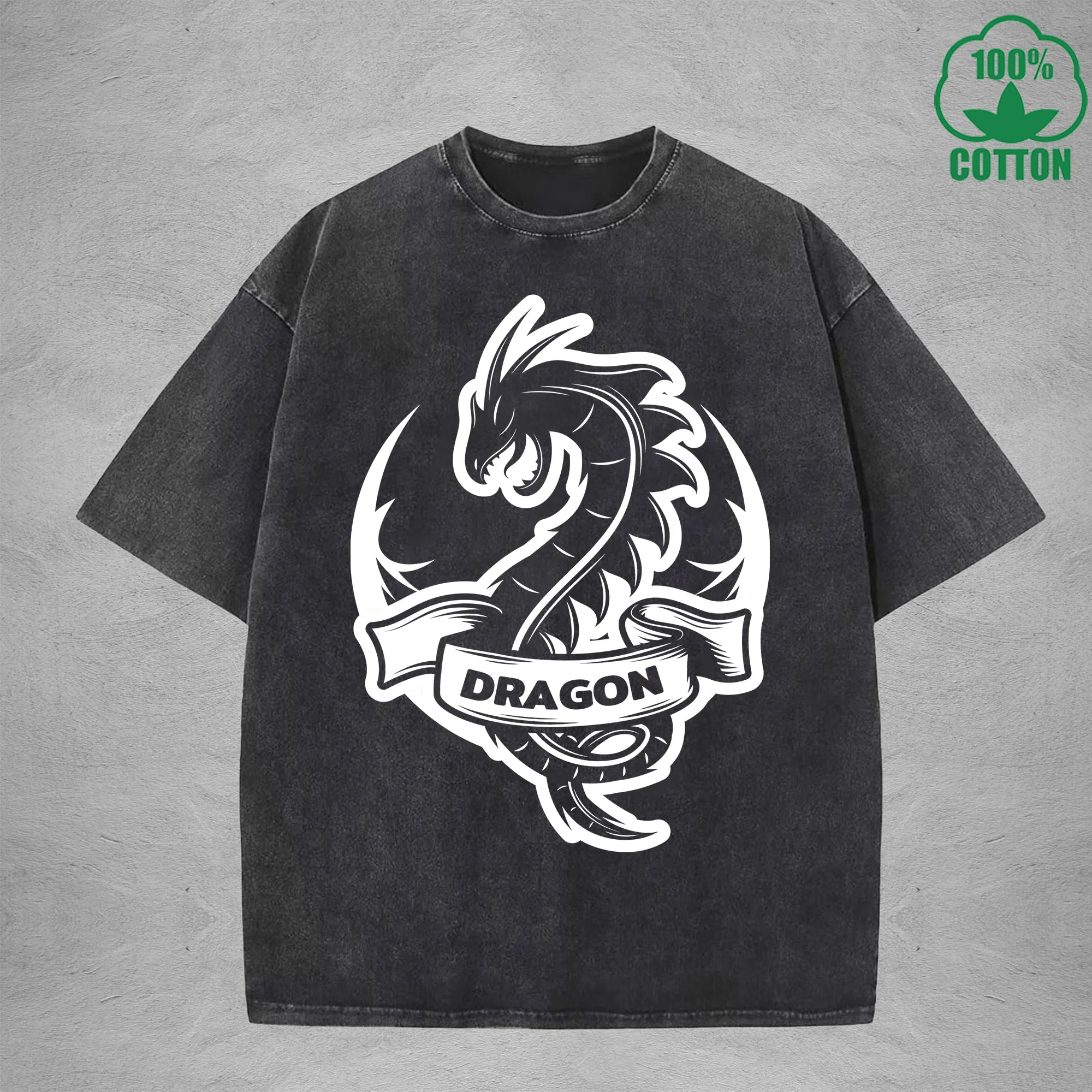 Dragon Emblem Interest Printed Washed T-Shirt 230G Multicolor Loose Trendy Fashionable Cotton Short Sleeve Top