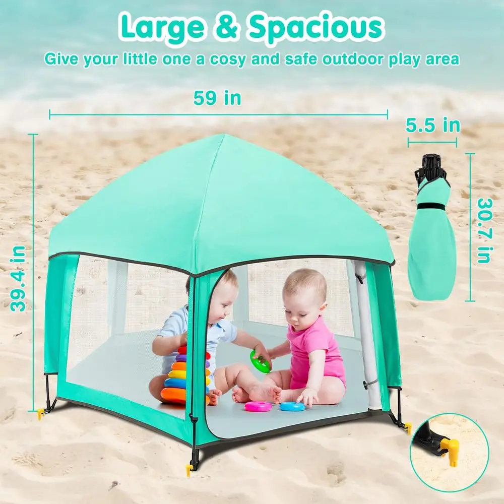 ساحة لعب محمولة للأطفال مع مظلات وأغطية للأشعة فوق البنفسجية، روضة أطفال خفيفة الوزن للسفر للاستخدام في الهواء الطلق والمنزل، أخضر نعناعي