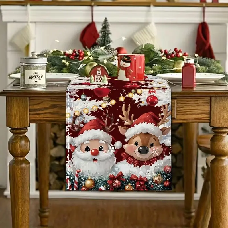 VIKAMA Christmas Santa Reindeer Table Runner Snowflake Candy Cane Print Long Table Runner For Dining Table Home Ornament
