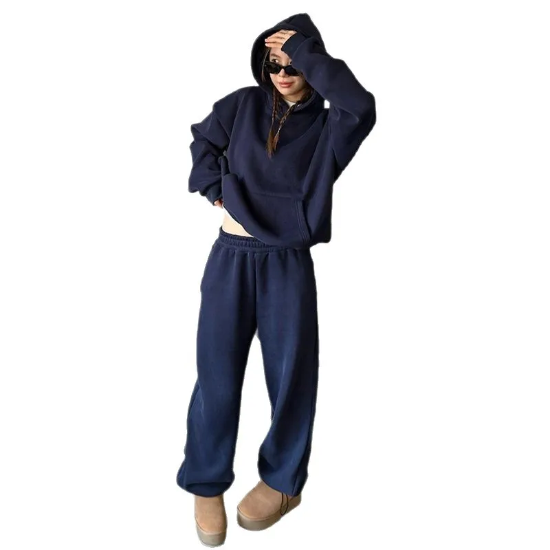طقم ملابس رياضية نسائية شتوية وخريفية مبطنة بالصوف نمط الملح فضفاض هوديي مريح مستقيم الساق السراويل 2 قطعة الزي