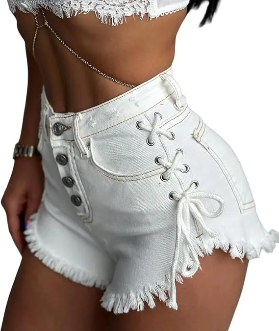 European and American high-waisted slim-fit trendy stretch denim short pants women adjustable straps suitable active sports Y2K