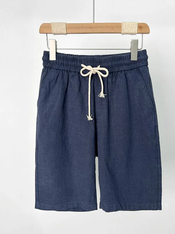 

Summer Cotton Linen orts Men's Color Loose Elastic Waist Straight Leg Casual Five-Quarter Length Beach Pants