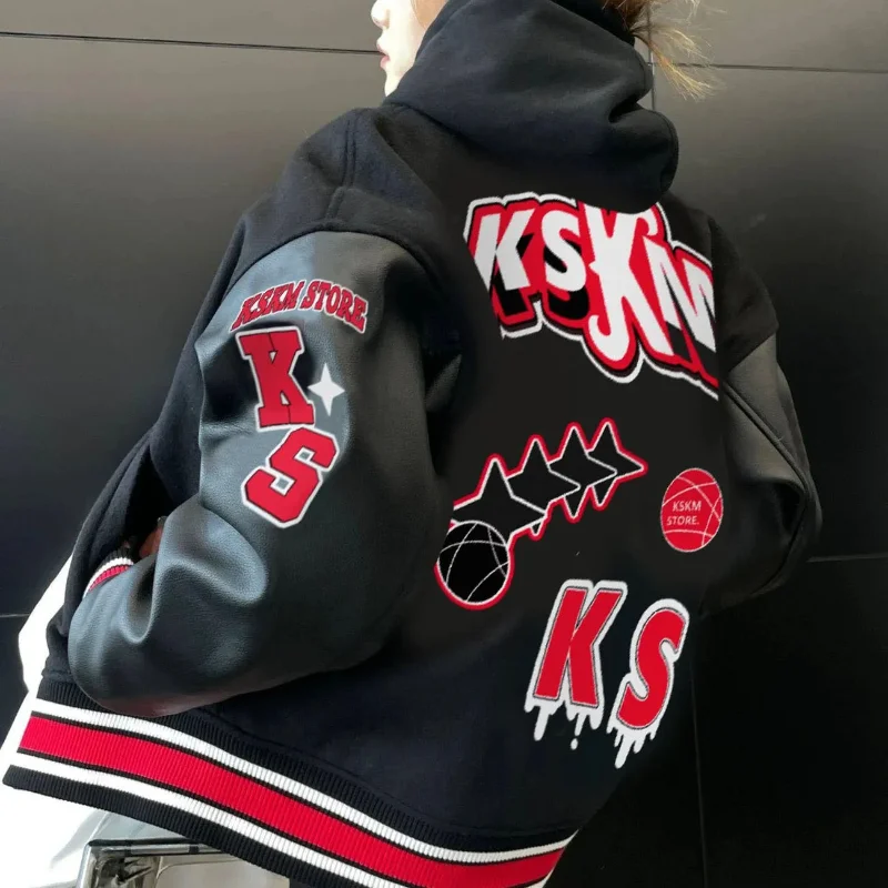Bomber Jacket Men Women Flocking Hip Hop Loose Casual Patchwork Coat Unisex Embroidery High Street Varsity Baseball Outwear 2023 view 6