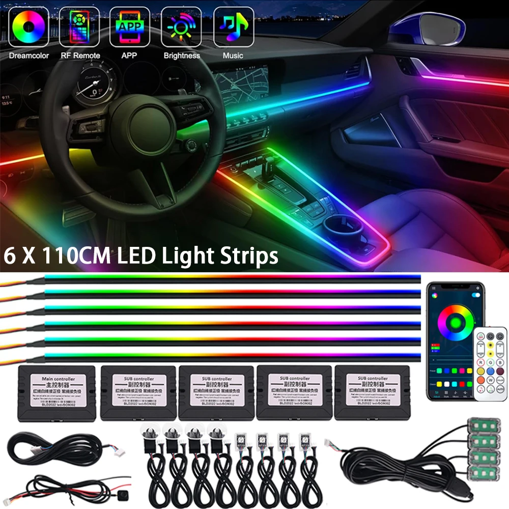 

18 in 1 Full Color Streamer Car Ambient Lights Universal 6X 110CM LED Interior Hidden Acrylic Strip Symphony Atmosphere Lamp APP