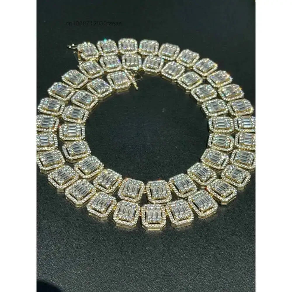 Luxury Cuban S925 Silver Baguette 15mm Mens Iced Diamond Moissanite Tennis Chain Necklace.