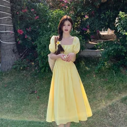 Y2k Summer Fold Yellow Dress French Puff Sleeve Dresses One Piece Slim Dress Women's Long Dresses Solid Casual Fashion Clothes