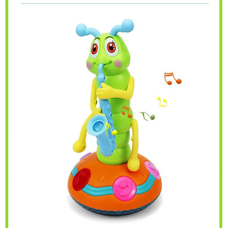 Electric Dancing Singing Caterpillar Toy For Kids Saxophone Music Light Up Crawling Obstacle Avoidance Baby