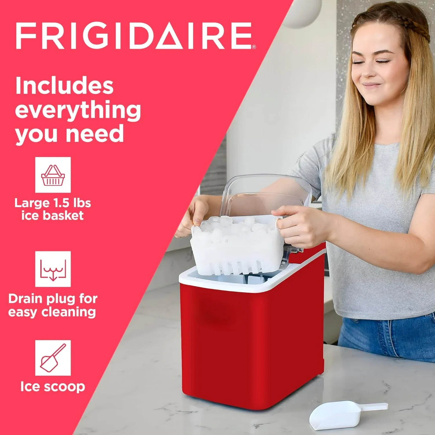 Large Red Compact Ice Maker Machine EFIC102-RED, Medium Size-Quality Ice Making Capability, Convenient for Home or Office, Styli