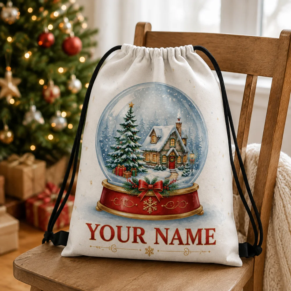 Polyester Custom Name Drawstring Backpack, Vintage Christmas Snow Globe Pattern Shoulder Sack, X‑mas Holiday Gift Bag
