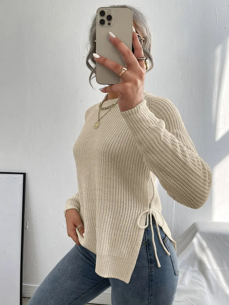 

Cream Knotted Side Tie Long Sleeve Crew Neck Sweater for Casual Wear