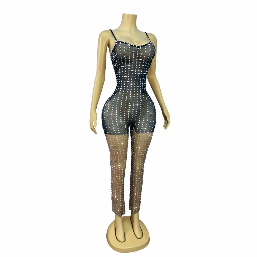 Xiaomili Silver Rhinestone Mesh Jumpsuit Spaghetti Strap V Neck Sheer Mesh Bodycon Stage Performance Costume