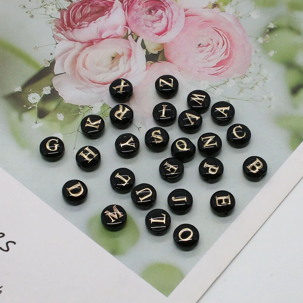 8mm A-Z Initial Letter Round Shell Bead Natural Black Resin Mother of Pearl Loose Letter Bead Jewelry Making DIY Accessories