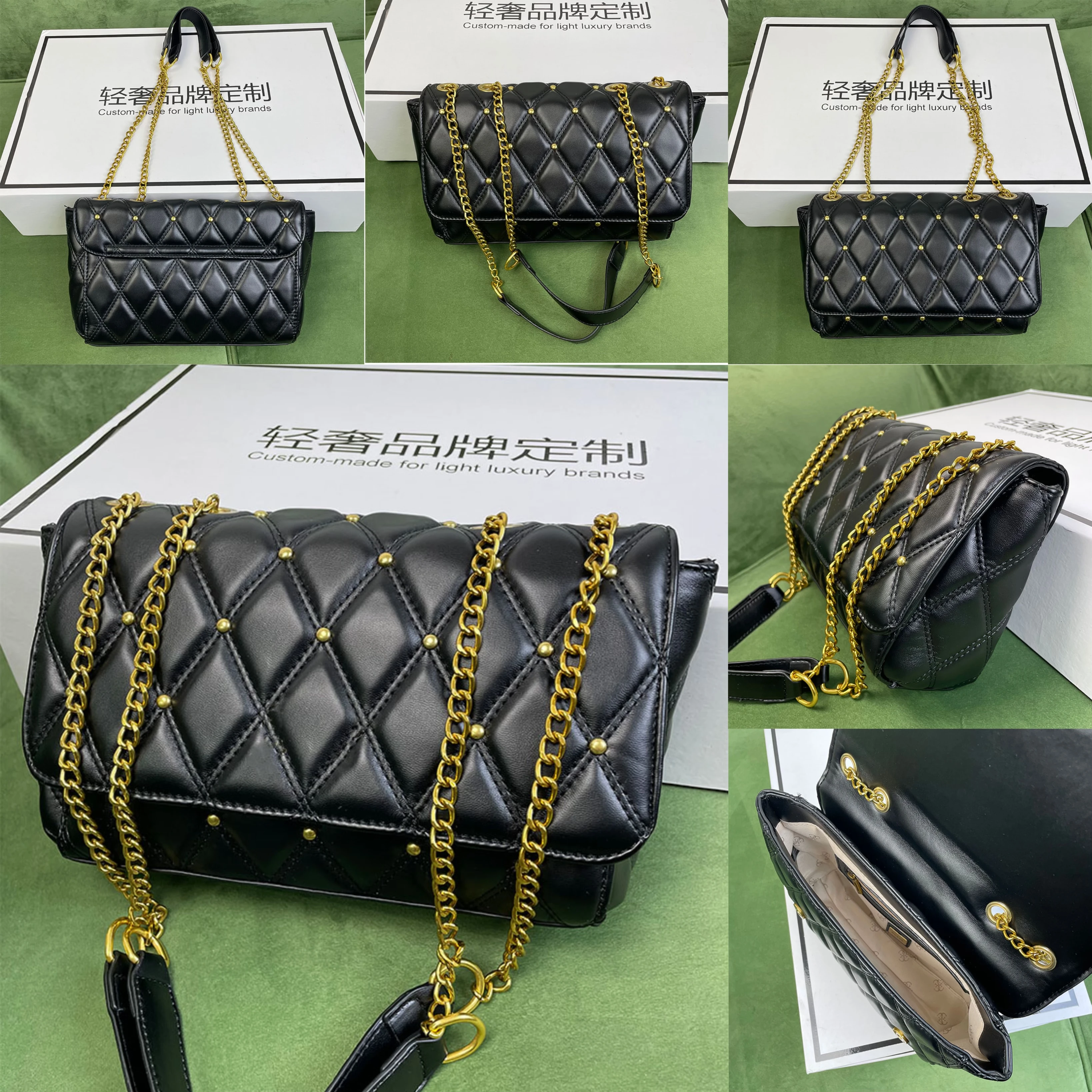 

New simple large capacity solid color diamond pattern chain rivet bag shoulder messenger bag handbag women's bag
