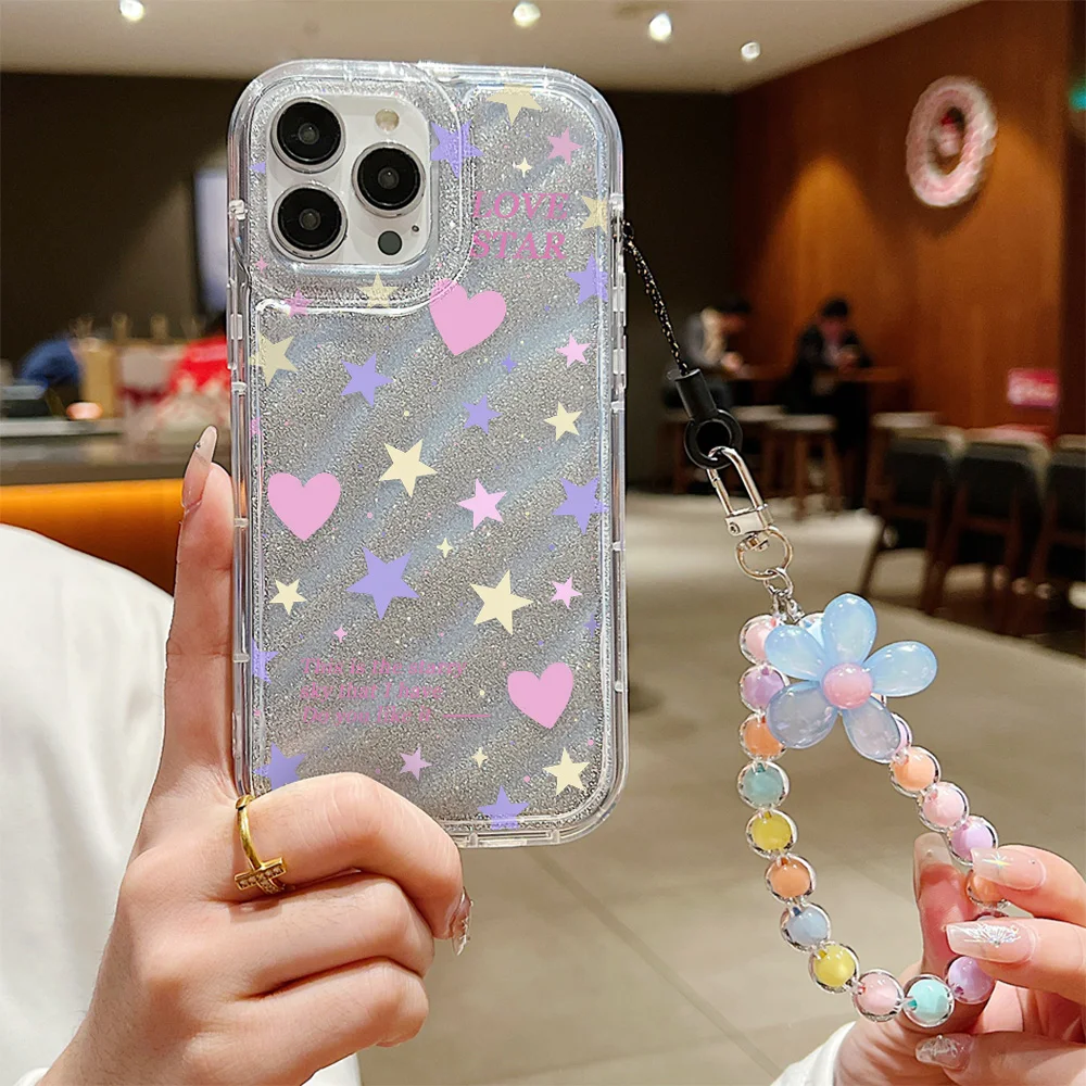 Love Heart Laser Film Phone Cases For iPhone 13 Pro Case iPhone 15 14 12 11 Pro Max XR XS Max 7 8 Plus Soft Cover With Lanyard