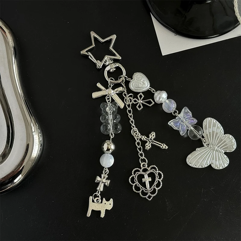 Y2k Butterfly Love Key Chain Bear Cross Beads Phone Pendant Headphone Case Charm Bag Decor Car Key Ring