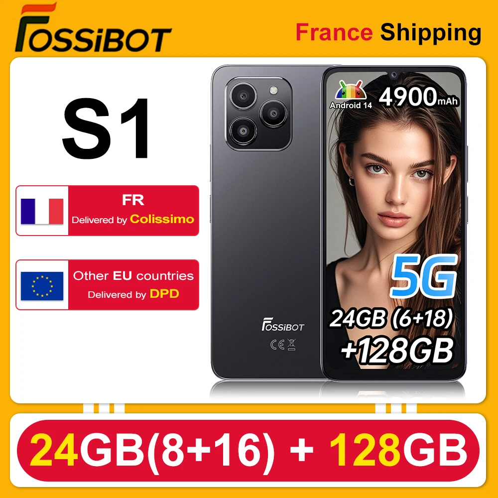 FOSSIBOT S1 5G Smartphone Android 14 24GB (6 +18) RAM/128GB ROM 6.75 "HD + 4900mAh 50MP téléphone portable NFC GPS double SIM