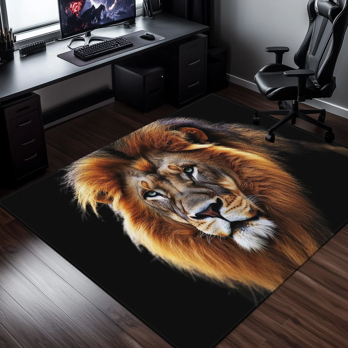 Lion Head Rug Crystal Velvet Carpet Animal Print King of Jungle Floor Mat Office Room Decor Bold Statement Piece Wildlife Art