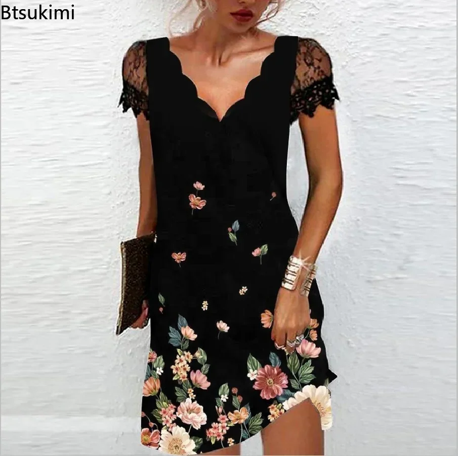 New2024 Women's Summer Casual Dress Oversized Lace Design Short Sleeve Wave V-neck Mini Dress Female Black Party Dress Vestidos