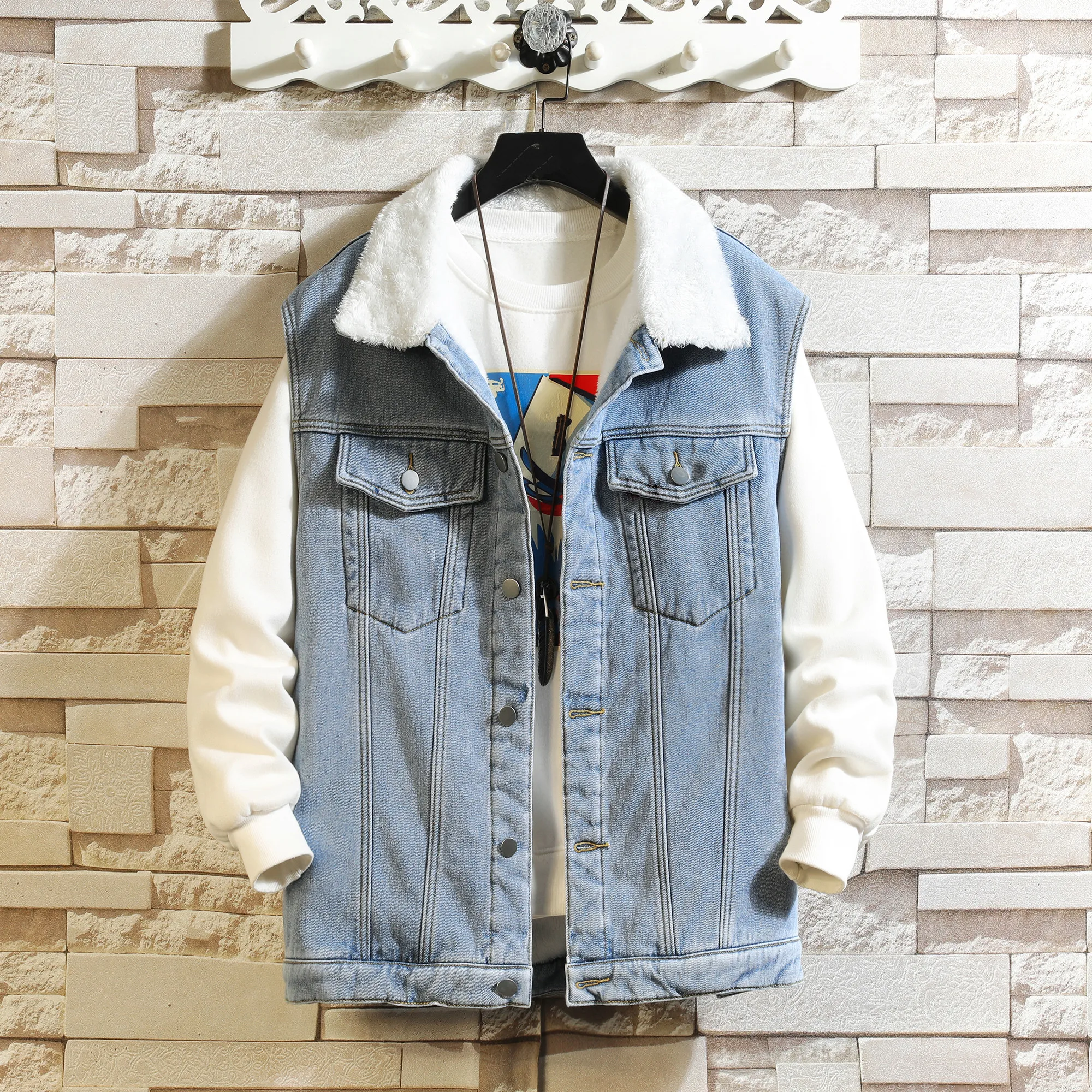 

Winter Cargo Denim Vests Men Warm Fleece Fashion Sleeveless Jean Jackets Male Solid Turn Down Collar Waistcoat Plus Size M-5XL