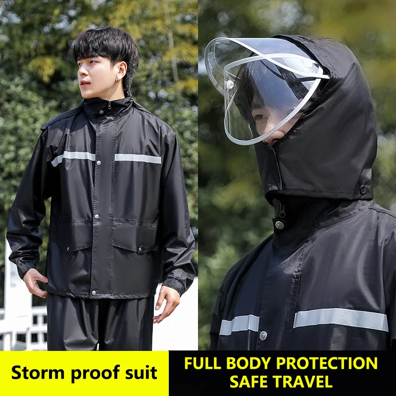 

Motorcycle Riding Rainwear Set, Outdoor Hooded Coat and Pant with Reflective Strip for Men Women, Waterproof Design