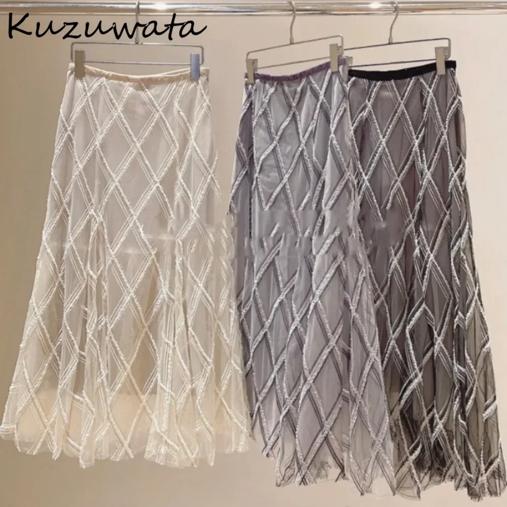 

Kuzuwata Sweet Mesh Mid-length Loose Skirt Women A-line Big Swing All-match Faldas Japan New Elegant Lace Patchwork Mujer Falda