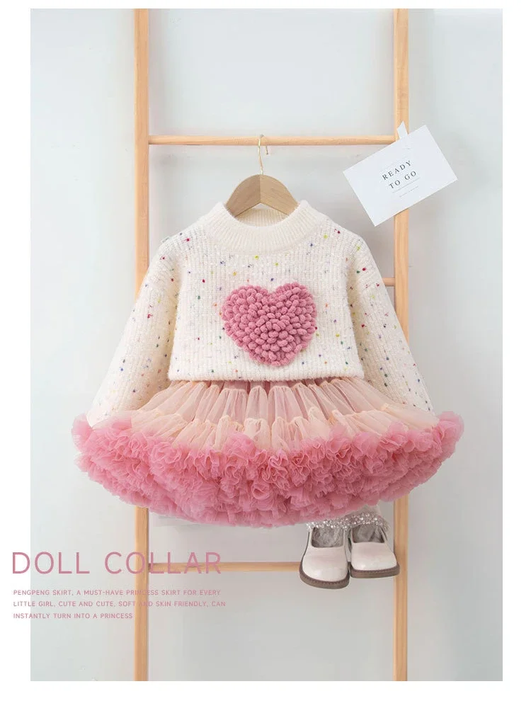 

New Spring Winter Kids Girl Sets Long Sleeves 3D Love Heart Knitwear Colour Pullover Sweater Mesh Mini Pure Skirt