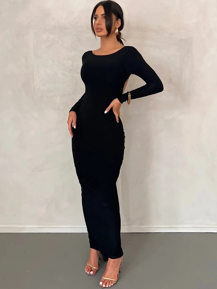 Articat Sexy Backless Ruched Maxi Dress Women White Long Sleeve Evening Dresses Female Autumn Skinny Elegant Party Clubwear 2022