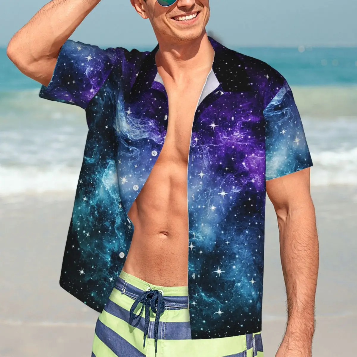 Purple Teal Galaxy Nebula Dream Hawaiian Shirts Casual Men Short Sleeve Shirt for Summer Beach Men's Lapel Tops
