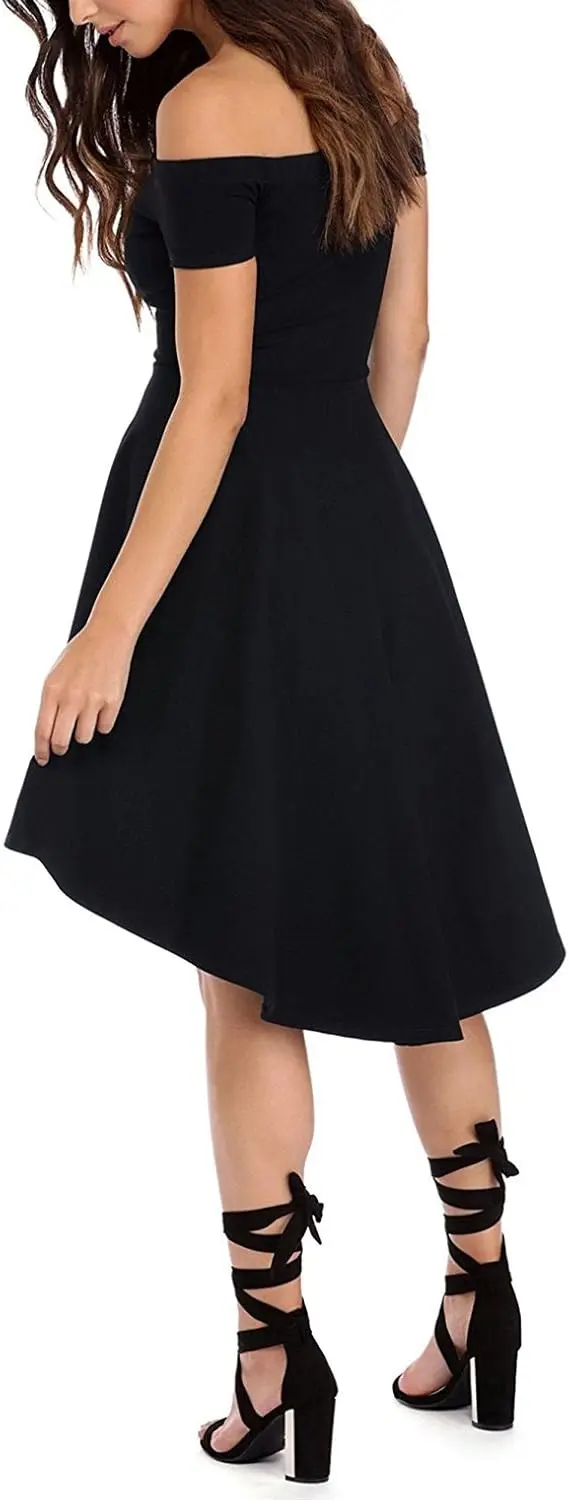 Vestido patinador de cóctel alto y bajo para mujer, sin tirantes, con hombros descubiertos, manga corta