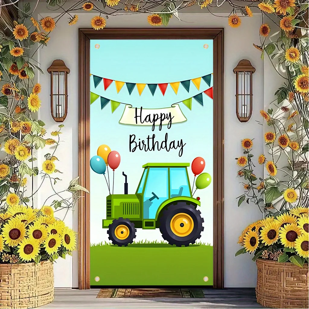 1 item, green tractor with balloons and banners, polyester fiber indoor/outdoor artistic decorative drapery