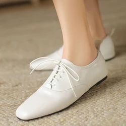 Women's Flats Loafer Shoes Genuine Leather Black White Comfortable Lace-up Oxford Shoes for Women Autumn Footwear Large Size 45