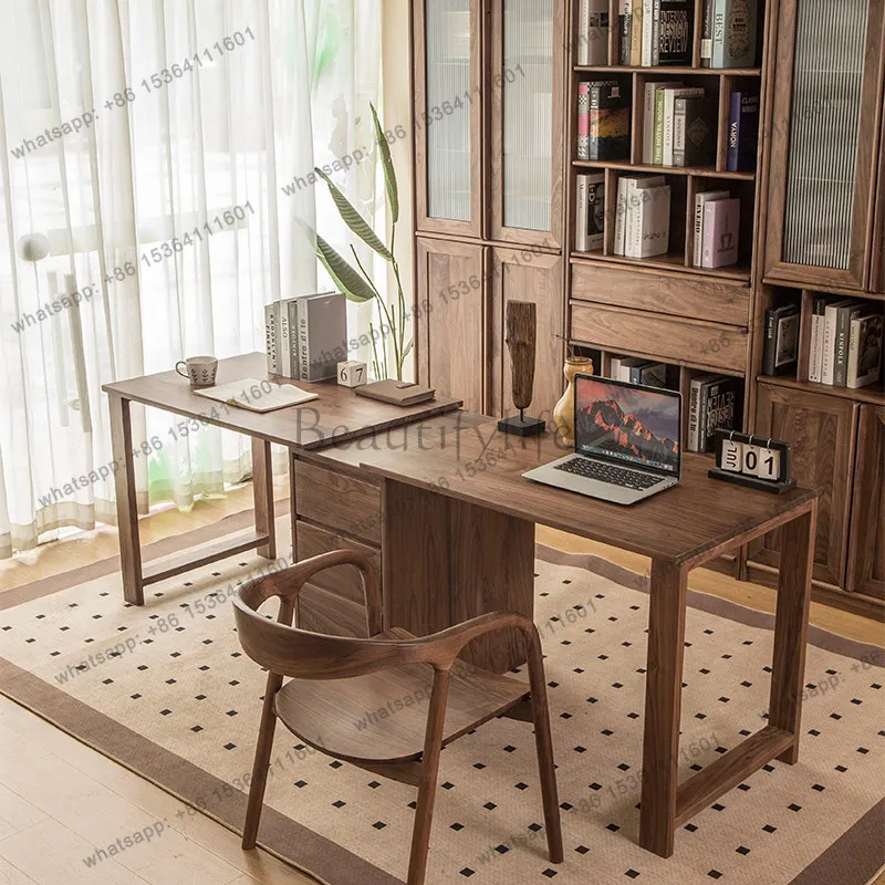 North American black walnut double desk, all solid wood telescopic storage, simple furniture