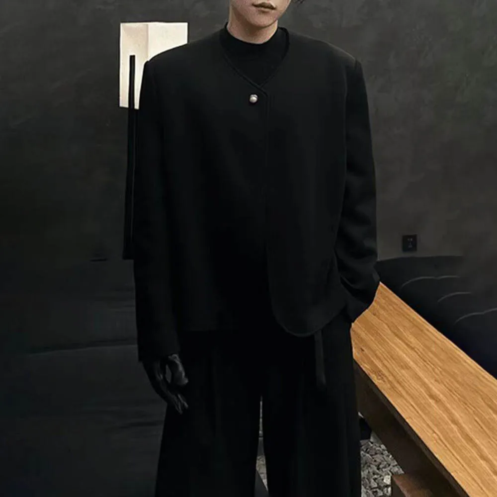 

Men's Solid Color Collarless Long-Sleeved Jacket American Retro Fashion Trend Loose Casual Breathable Niche Autumn New Men's Top
