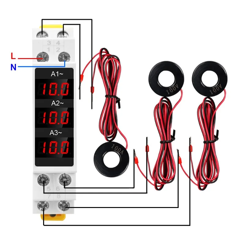 SDM010A Modular Rail Mounted 3 Phase Digital Ammeter AC80-500V Electronic Ampere Meter