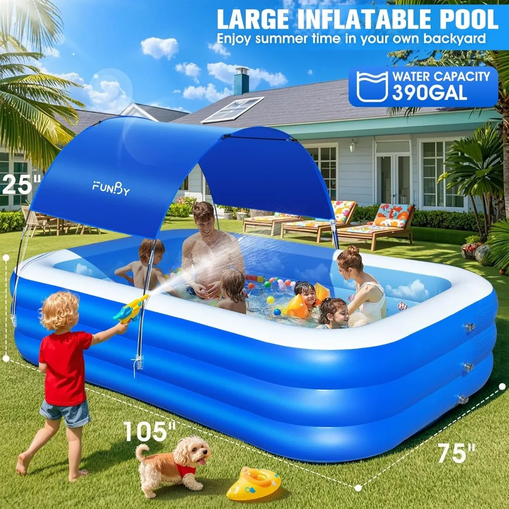 Inflatable Pool with Canopy,Upgraded Inflatable Swimming Pool for Kids,Adult,Large Inflatable Blow up Pools, for Backyard-Blue