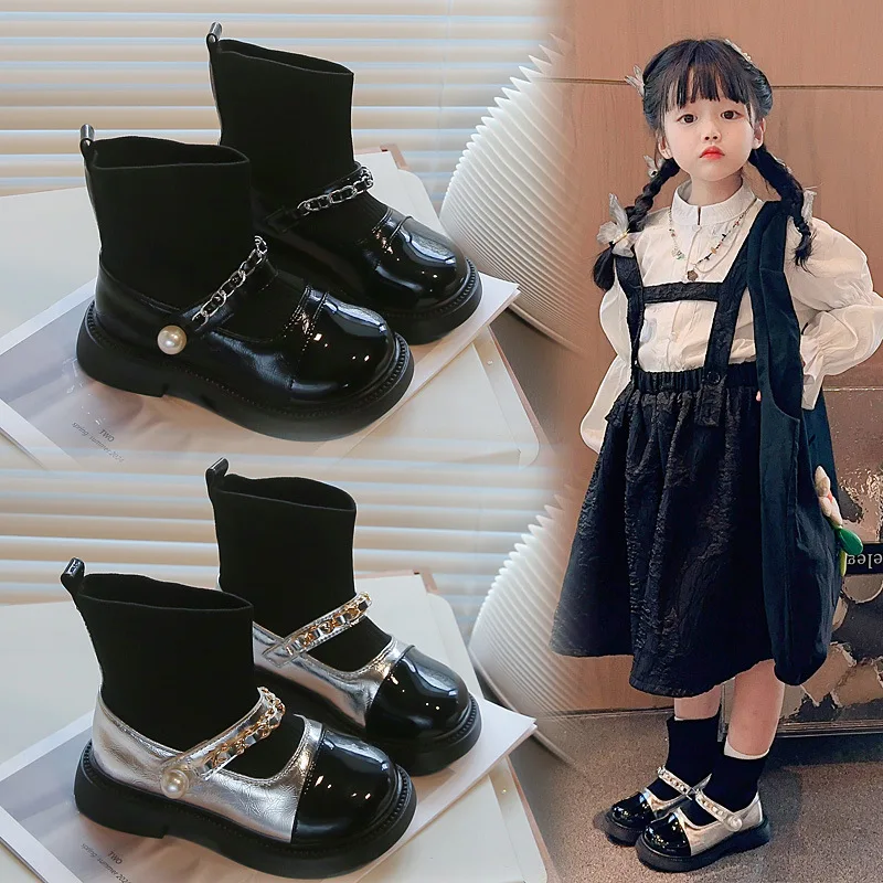 

Girls Ankle Boots Children Short Boots 2024 Spring Autumn New Kids Socks Boots Fashion Little Girls Black Princess Leather Shoes