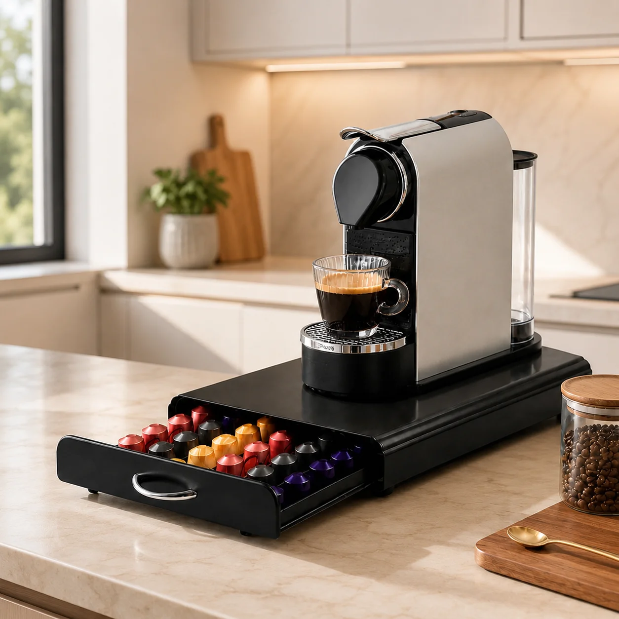 Kaffeepadhalter, Kaffeemaschinenständer, kompatibel mit Nespresso Original Line Kaffeepads, Fassungsvermögen für 54 Pads, stabile Metall-Aufbewahrungsbox mit rutschfesten Silikonfüßen, staubdichter