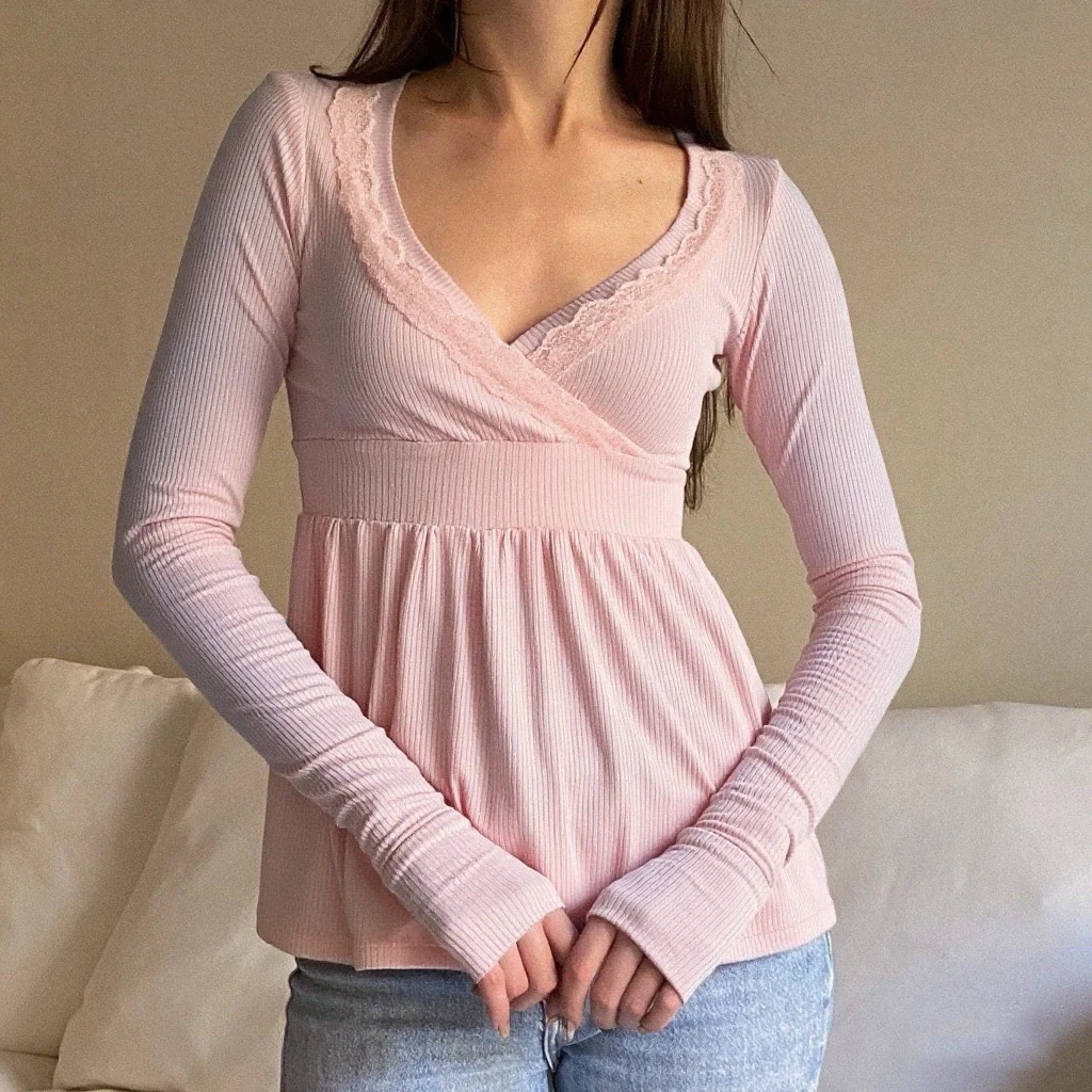 Women Y2k V Neck Lace Trim Long Sleeve Shirt Fairycore Slim Fit Ruffle Ribbed Knit Peplum Top Aesthetic Fall Clothes