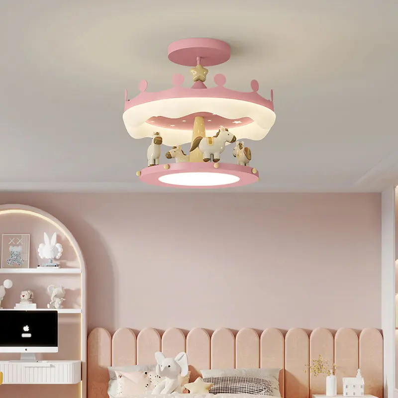 

New Macaron Milk Oil Wind Carousel Boy and Girl Princess Wind LED Eye Protection Pendant Light Children's Room Bedroom Light