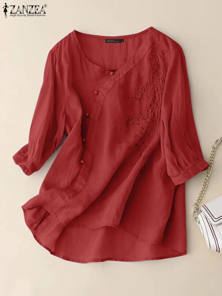 ZANZEA Elegant Women V Neck 3/4 Sleeve Work Shirt Casual Solid Tunic Tops Cotton Blusas Vintage Autumn Embroidery Floral Blouse