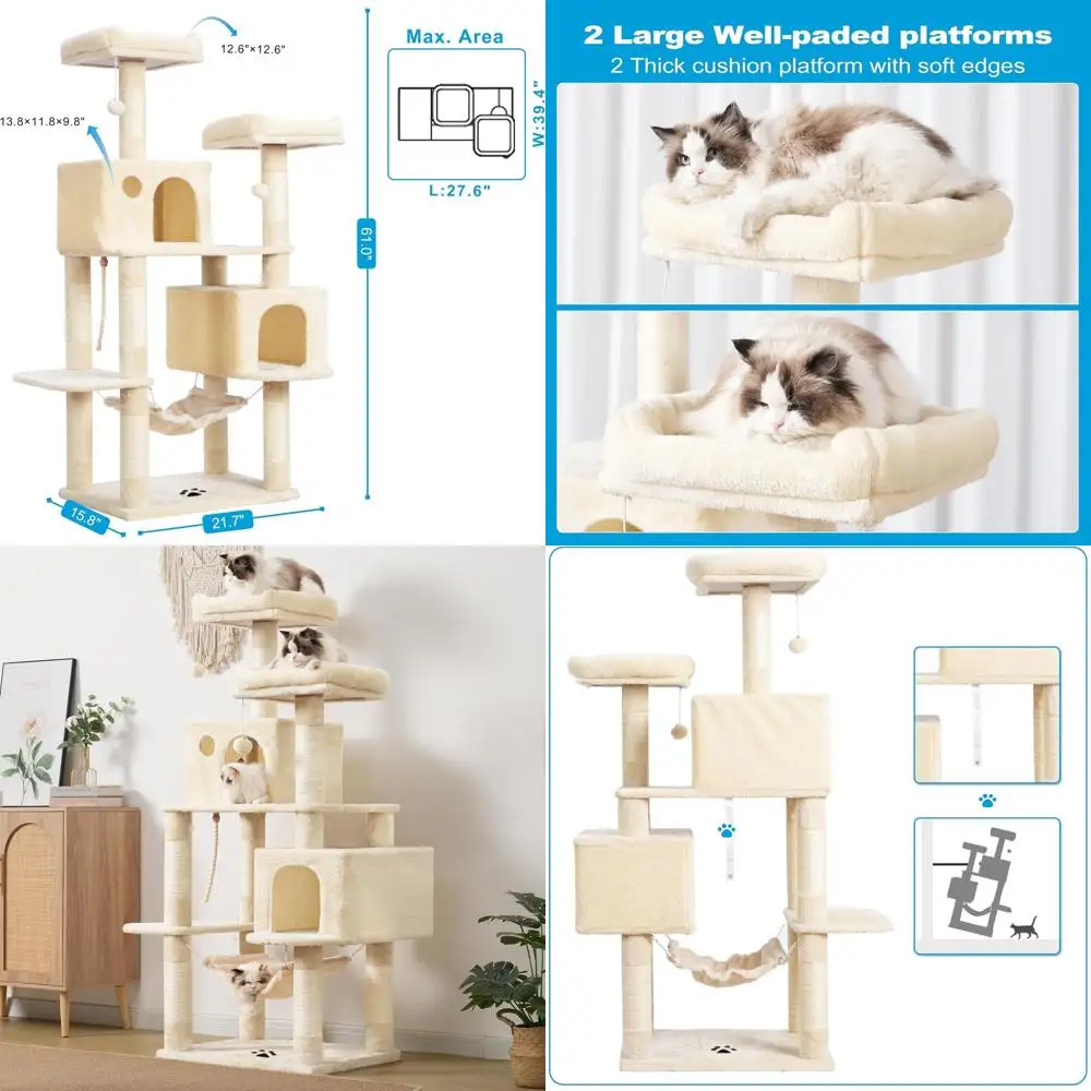 

Multi-Level Cat Tree with Sisal Scratching Posts, 2 Plush Condos, Hammock - Beige