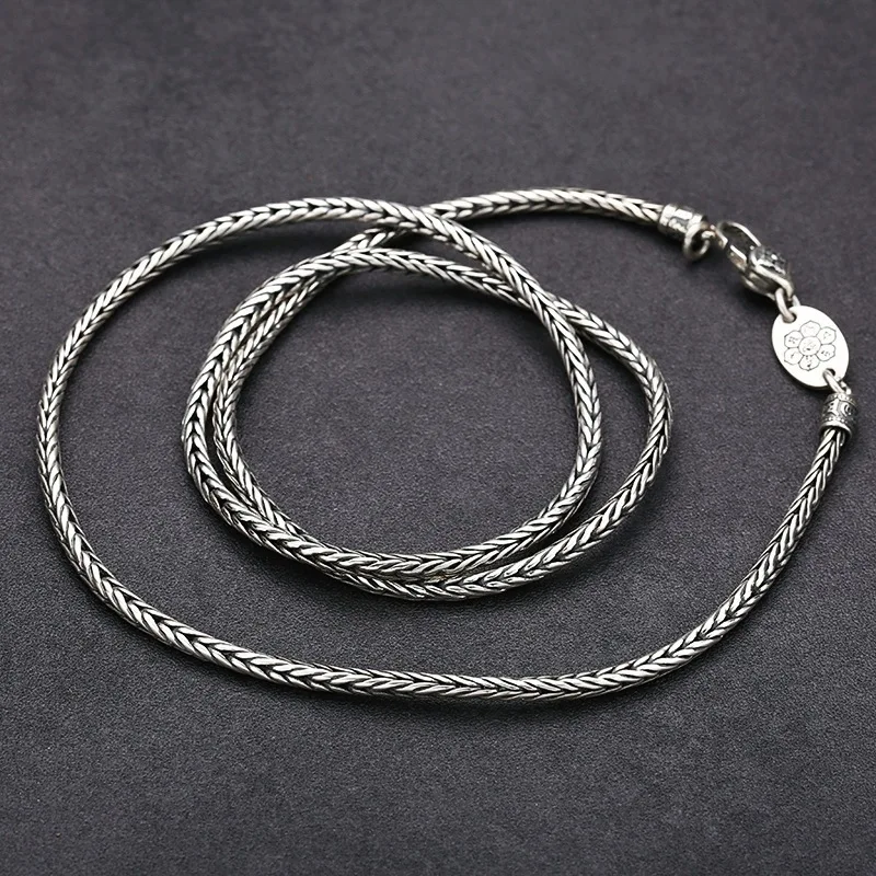 

Real Solid 925 Sterling Silver Chain Men 3mm Foxtail Wheat Braided Necklace 24.8g/60cm