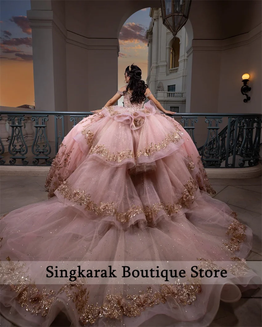 Glitzer rosa Mexi Perlen Kristall Quincenara Kleider 2024 Ballkleid Blumen Applikationen süß 15 Vestidos de XV Años