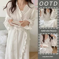Women's Spring and Summer New Simple Long-Sleeved Robe Girls Sweet Ins Wind Ruffled Thin Section of Solid Color Pajamas Home Wea