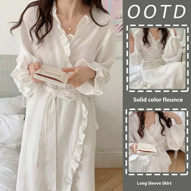 Women's Spring and Summer New Simple Long-Sleeved Robe Girls Sweet Ins Wind Ruffled Thin Section of Solid Color Pajamas Home Wea