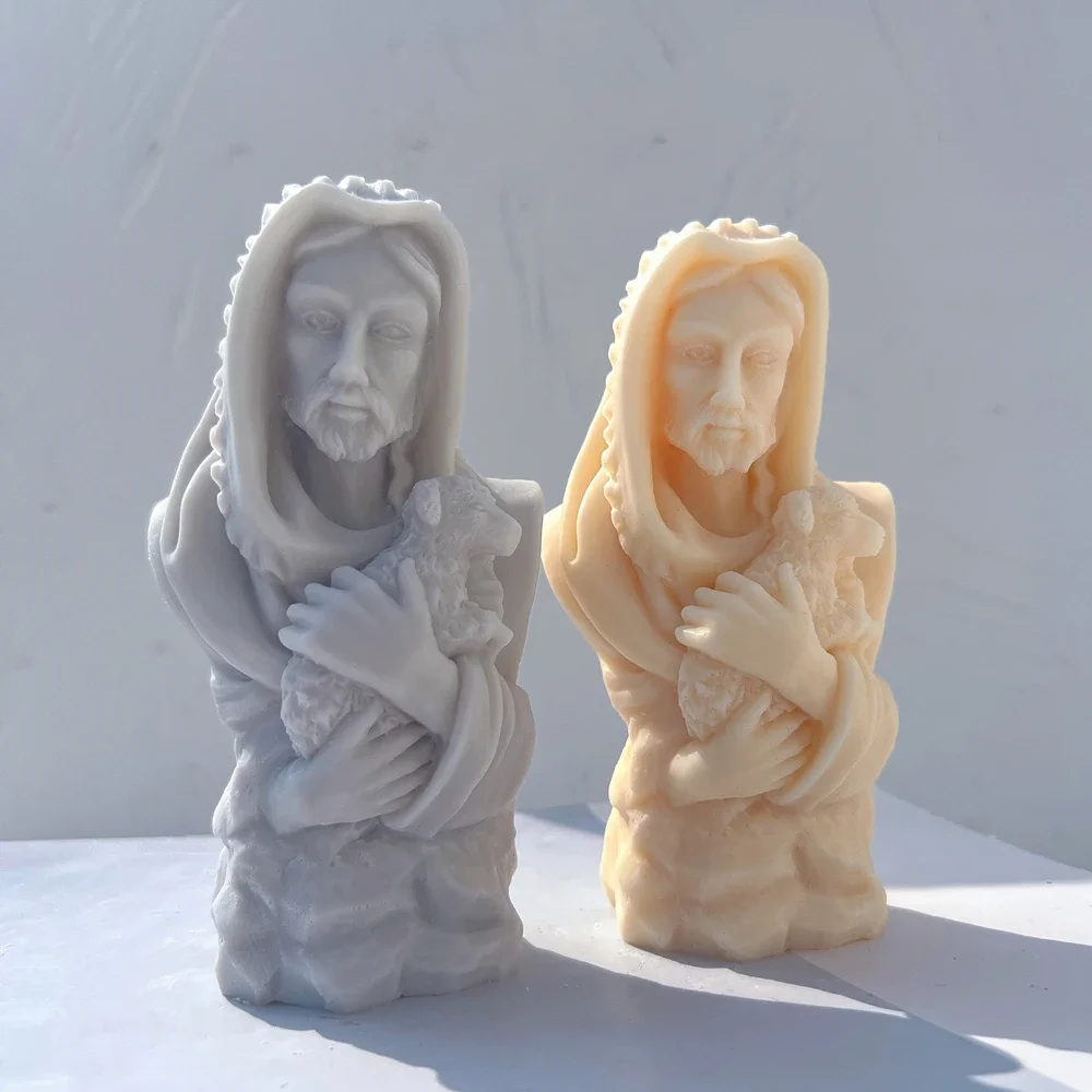 

Unique Bust Sculpture Soy Wax Candle Mould Jesus Christ Holding Lamb Statue Silicone Mold Greek Mythology Home Decor