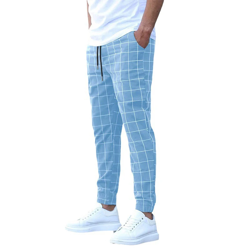 

Summer Casual Pants for Men Drawstring Sweatpants Slim Fit Elastic Waist Trousers with Pockets Male Plaid Pants