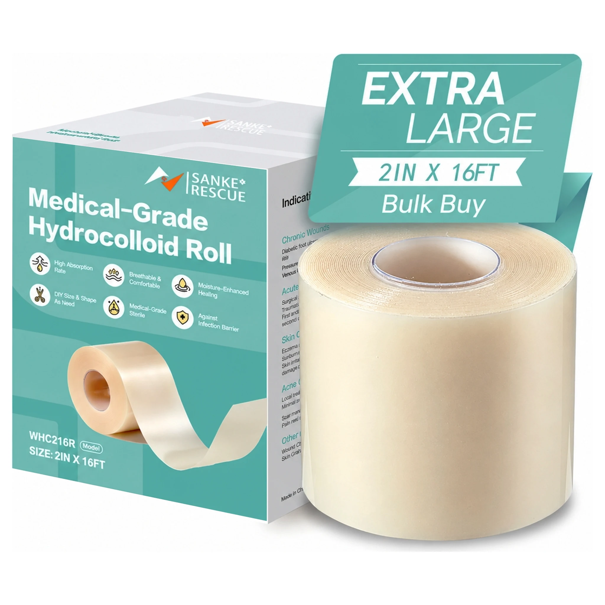 Hydrocolloid Wound Care Roll, Cut-to-Size Patch, Self-Adhesive Waterproof Super Absorbent Dressing, First Aid Essential.2INCH